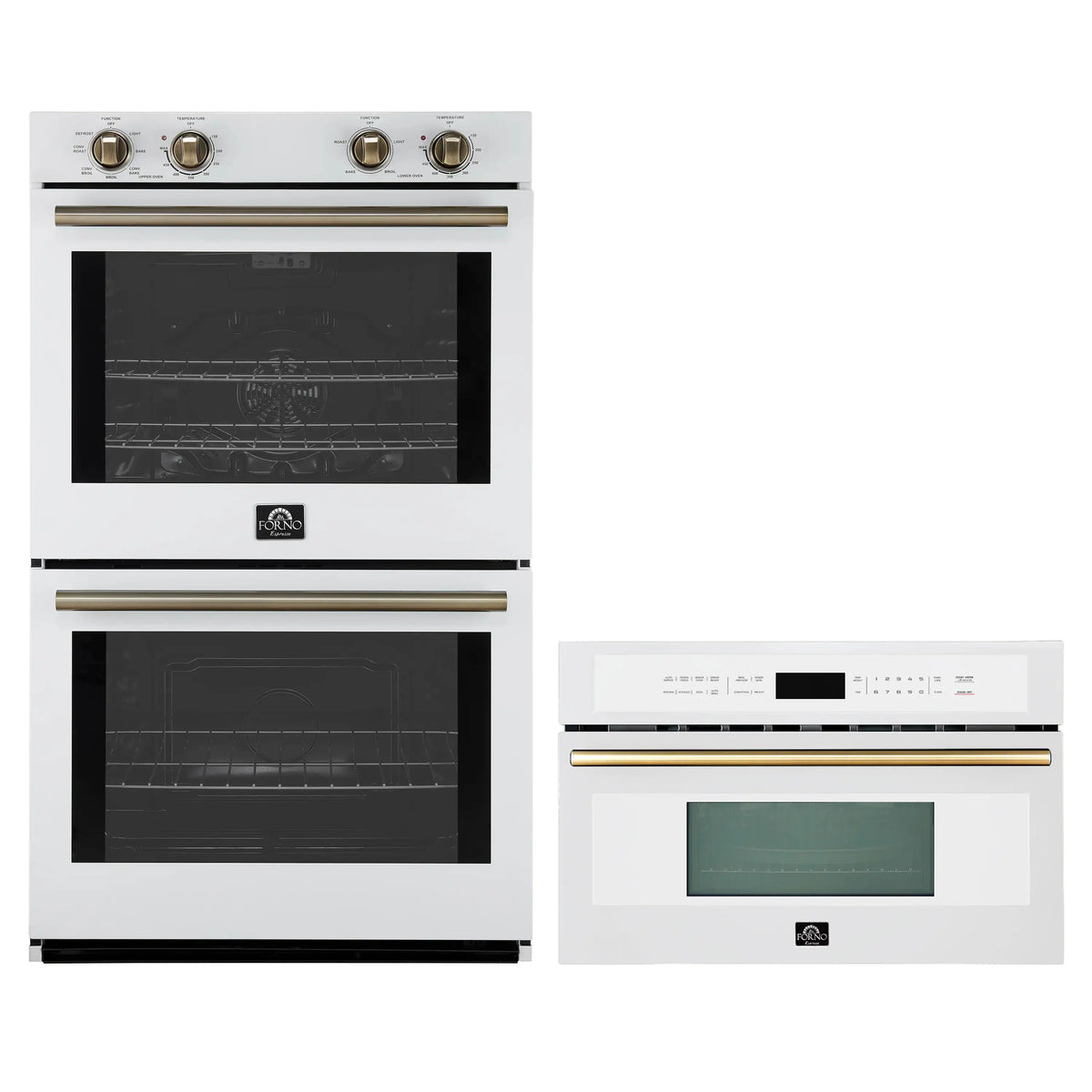 Forno 2-Piece Appliance Package - 30-Inch Vomero Double Wall Oven & 30-Inch Microwave Oven in White with Antique Brass Trim