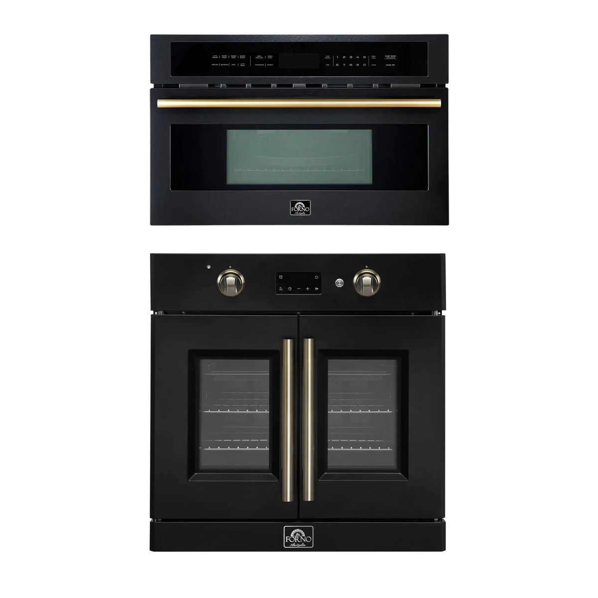 Forno 2-Piece Appliance Package - 30-Inch Asti French Door Electric Wall Oven & 30-Inch Microwave Oven in Black with Antique Brass Trim