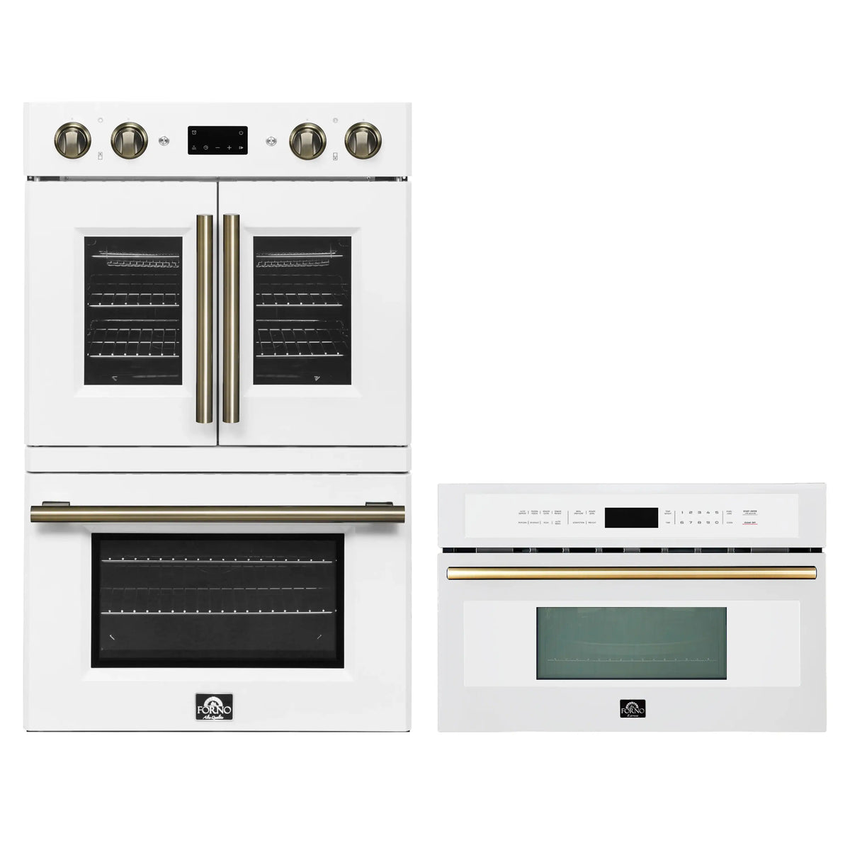 Forno 2-Piece Appliance Package - 30-Inch Asti French Door Double Electric Wall Oven & 30-Inch Microwave Oven in White with Antique Brass Trim
