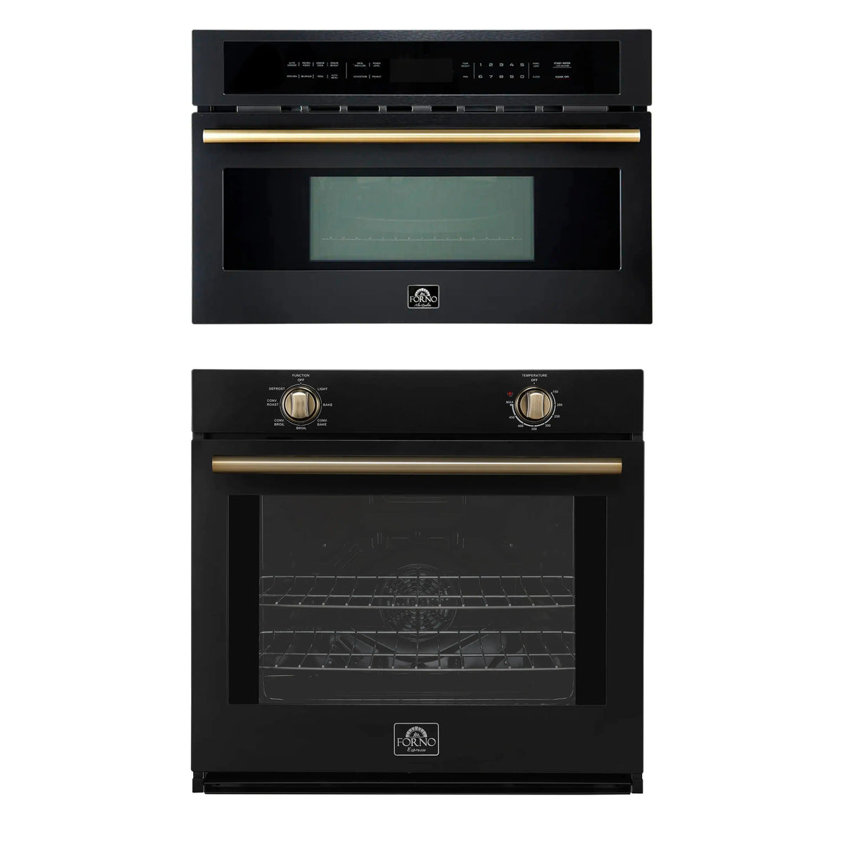 Forno 2-Piece Appliance Package - 30-Inch Vomero Wall Oven & 30-Inch Microwave Oven in Black with Antique Brass Trim