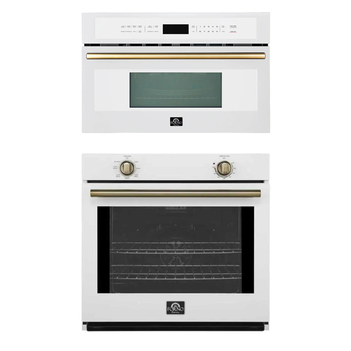 Forno 2-Piece Appliance Package - 30-Inch Vomero Wall Oven & 30-Inch Microwave Oven in White with Antique Brass Trim