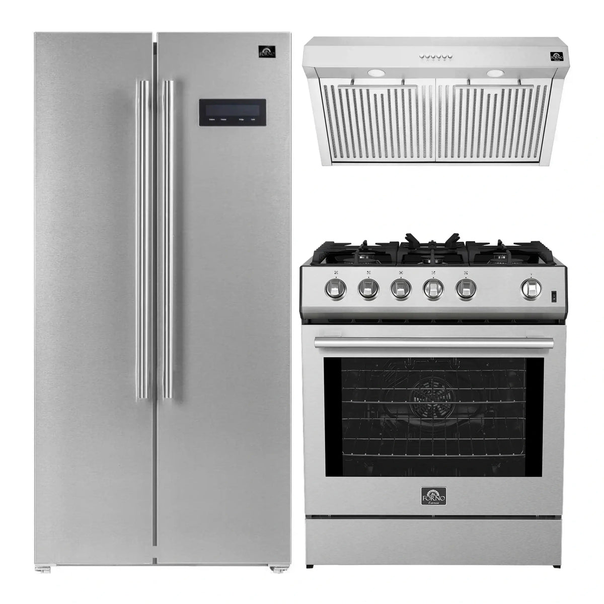 Forno 3-Piece Appliance Package: 30-Inch Gas Range, Under Cabinet Range Hood, Side-by-Side Refrigerator, Stainless Steel