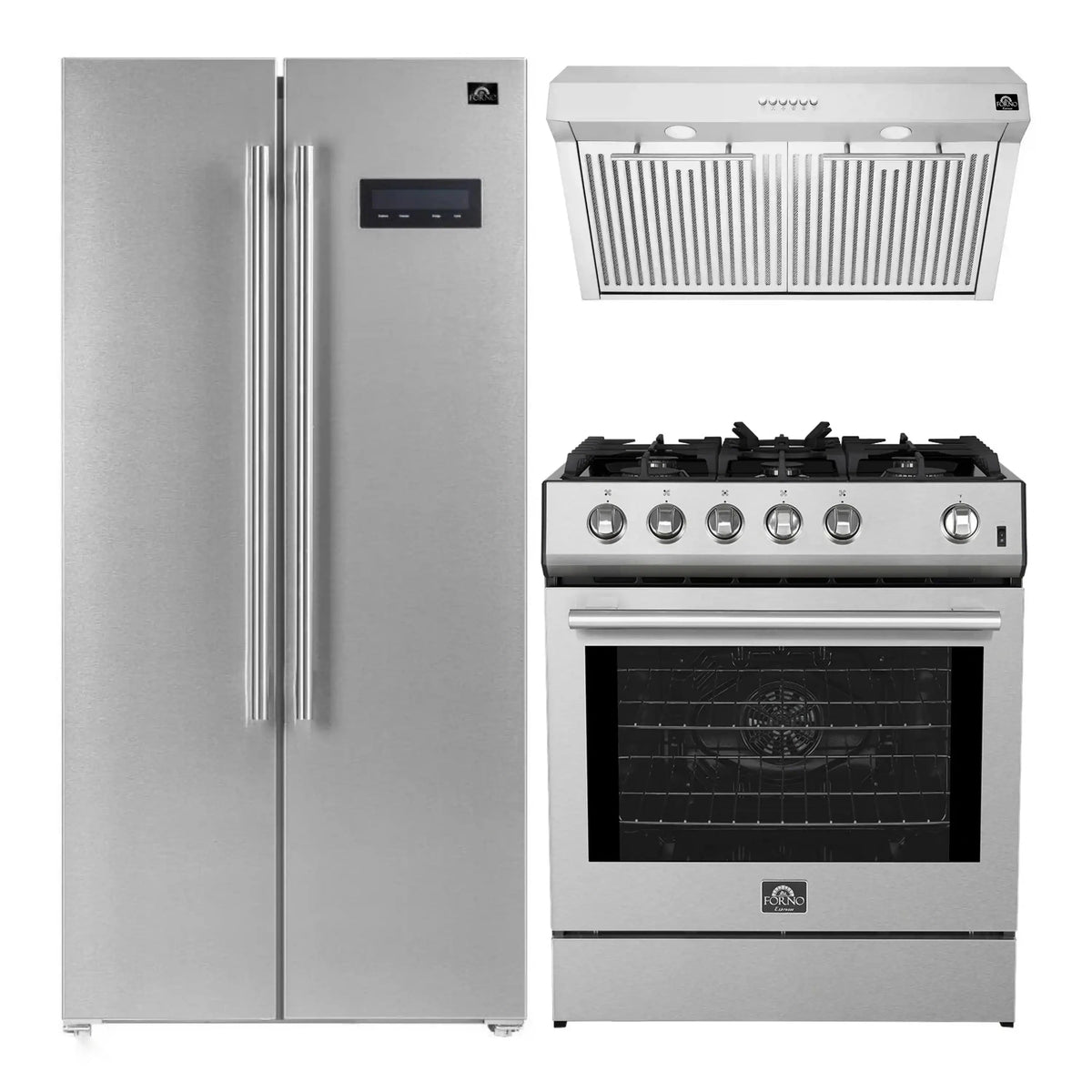Forno 3-Piece Appliance Package: 30-Inch Gas Range, Under Cabinet Range Hood, Side-by-Side Refrigerator, Stainless Steel