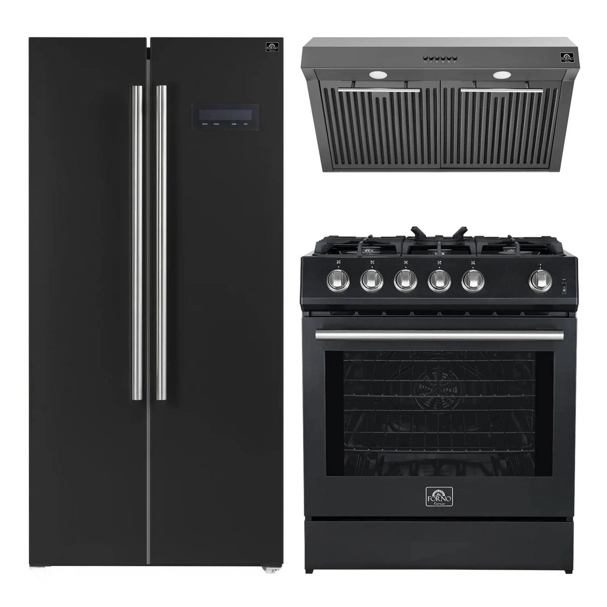 Forno 3-Piece Appliance Package: 30-Inch Gas Range, Under Cabinet Range Hood, Side-by-Side Refrigerator, Black with Stainless Steel Trim