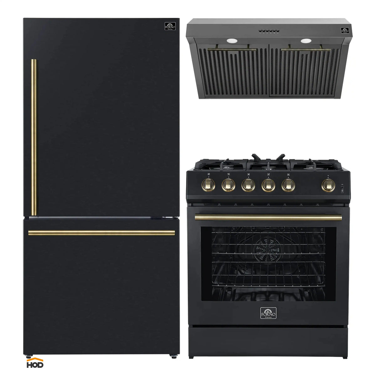 Forno 3-Piece Appliance Package - 30-Inch Gas Range, Under Cabinet Range Hood, & Refrigerator in Black with Antique Brass Trim