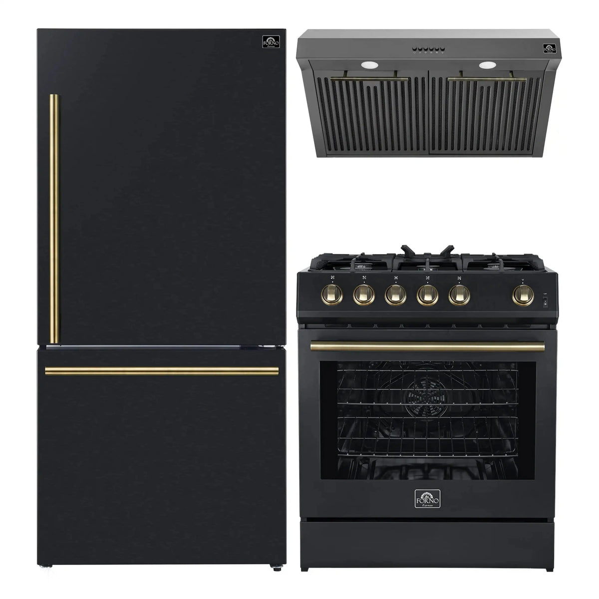 Forno 3-Piece Appliance Package: 30-Inch Gas Range, Under Cabinet Range Hood, Refrigerator, Black with Antique Brass Trim