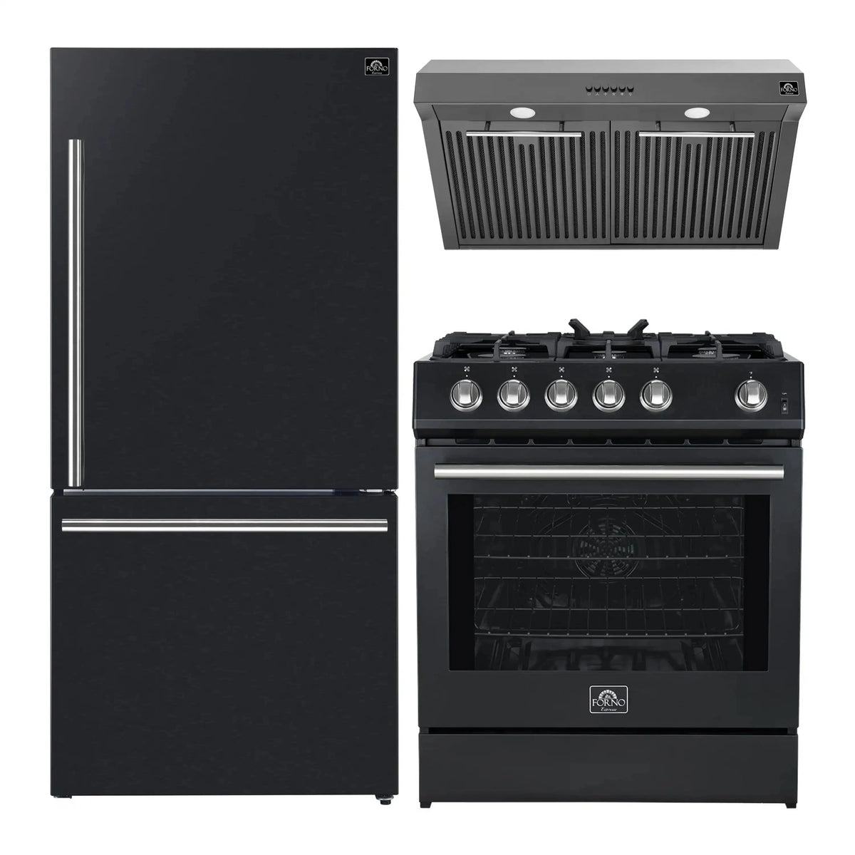 Forno 3-Piece Appliance Package: 30-Inch Gas Range, Under Cabinet Range Hood, Refrigerator, Black with Stainless Steel Trim
