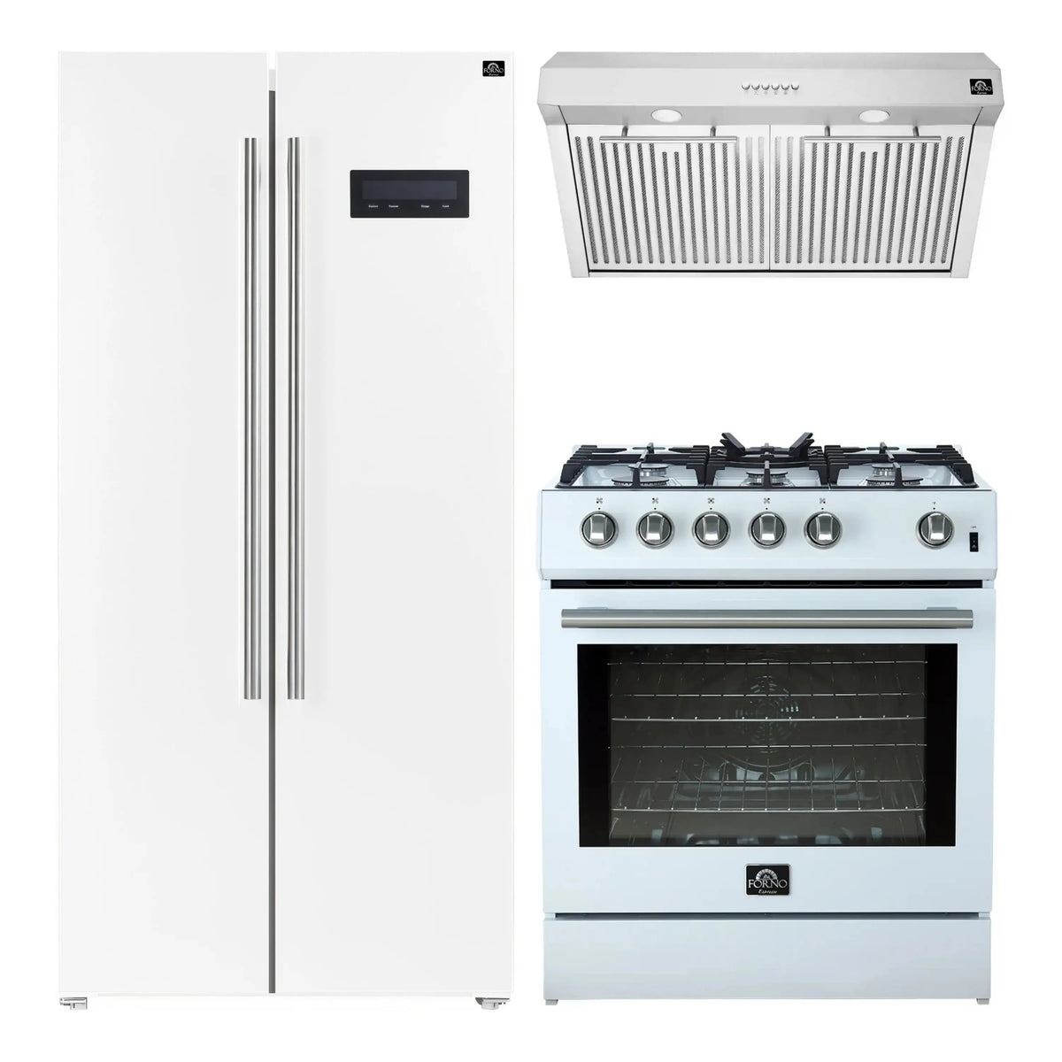 Forno 3-Piece Appliance Package - 30-Inch Gas Range, Under Cabinet Range Hood, & Side-by-Side Refrigerator in White with Stainless Steel Trim