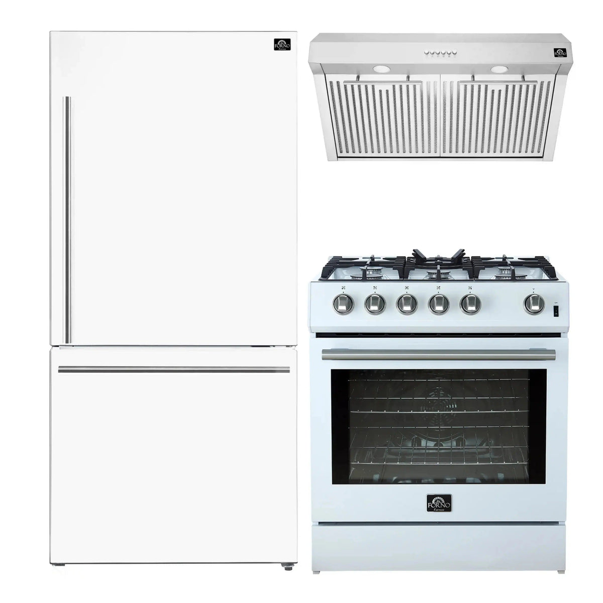 Forno 3-Piece Appliance Package: 30-Inch Gas Range, Under Cabinet Range Hood, Refrigerator, White with Stainless Steel Trim