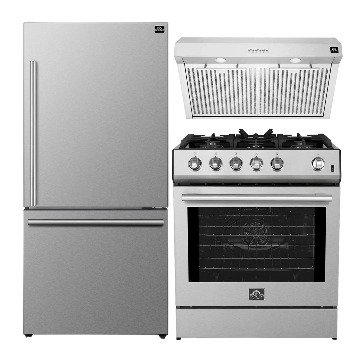 Forno 3-Piece Appliance Package: 30-Inch Gas Range, Under Cabinet Range Hood, Refrigerator, Stainless Steel