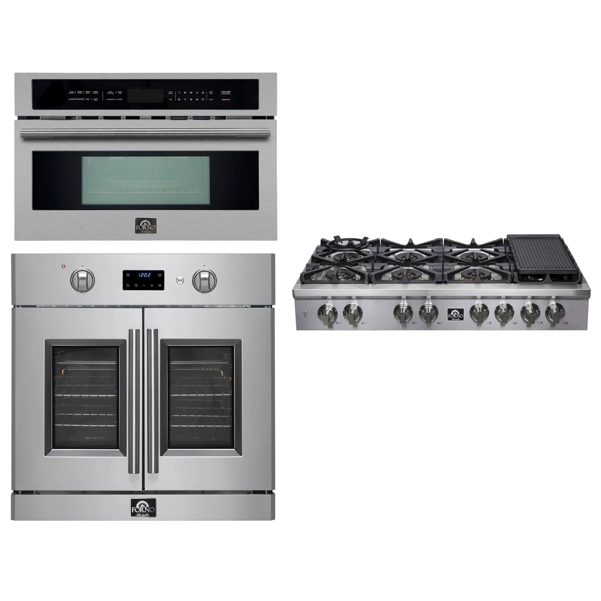 Forno 3-Piece Appliance Package - 48-Inch Spezia Gas Rangetop, French Door Wall Oven & Microwave Oven in Stainless Steel