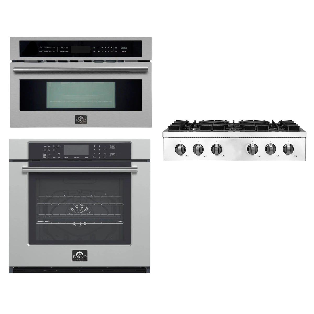 Forno 3-Piece Appliance Package - 36-Inch Lseo Gas Rangetop, Wall Oven & Microwave Oven in Stainless Steel