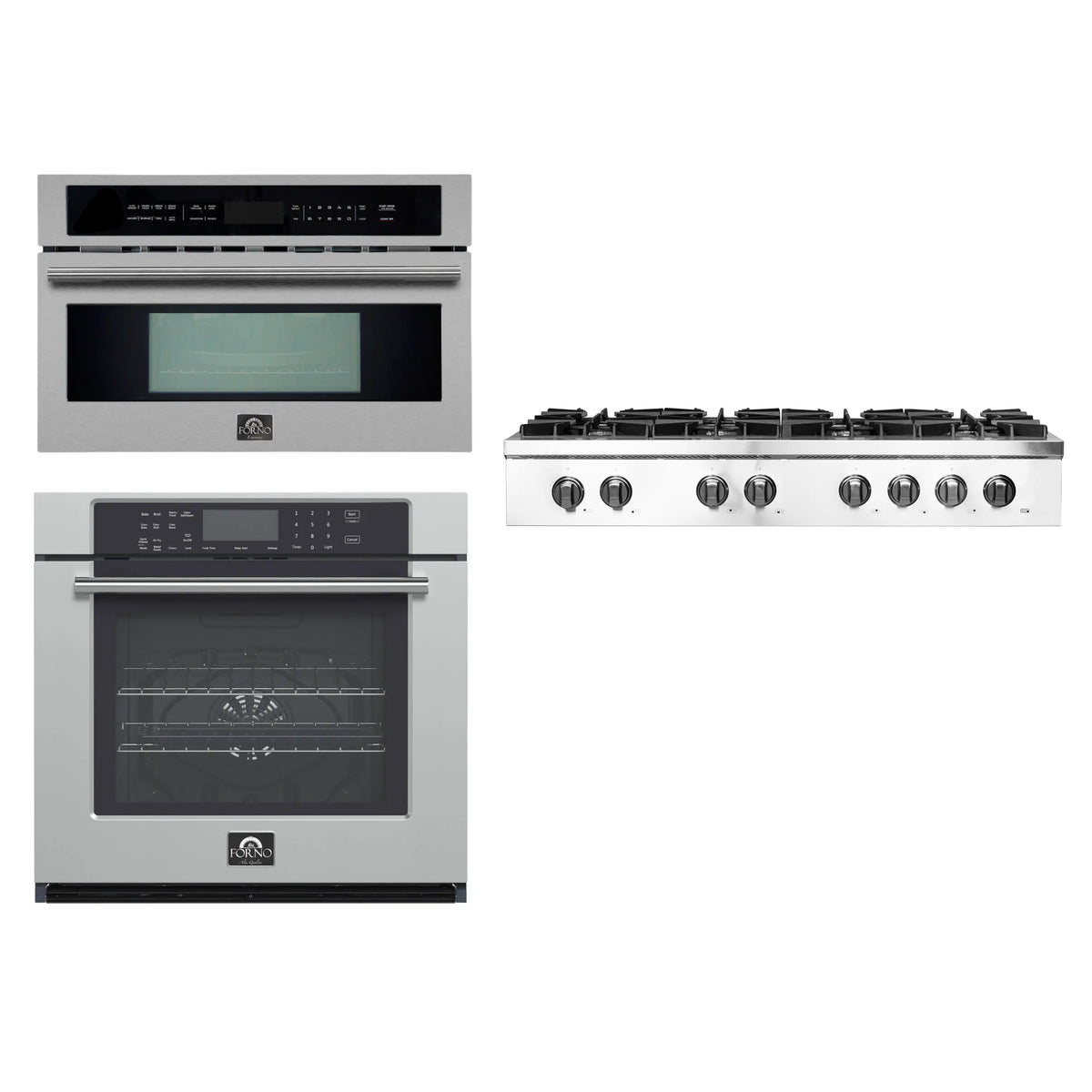 Forno 3-Piece Appliance Package - 48-Inch Lseo Gas Rangetop, Wall Oven & Microwave Oven in Stainless Steel