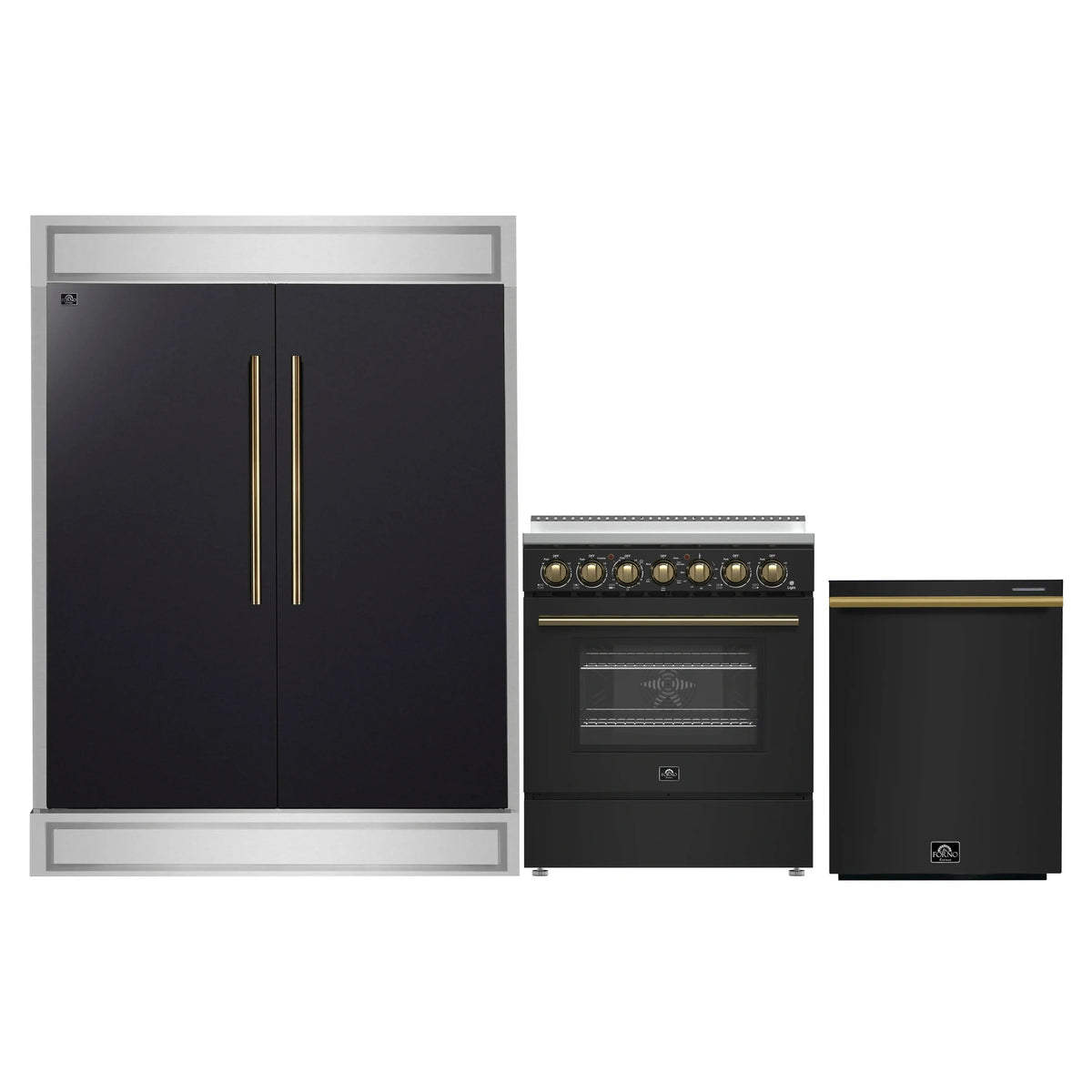 Forno 3-Piece Appliance Package - 30-Inch Electric Range, Wall Mount Range Hood, and 60-Inch Refrigerator in Black with Antique Brass Trim