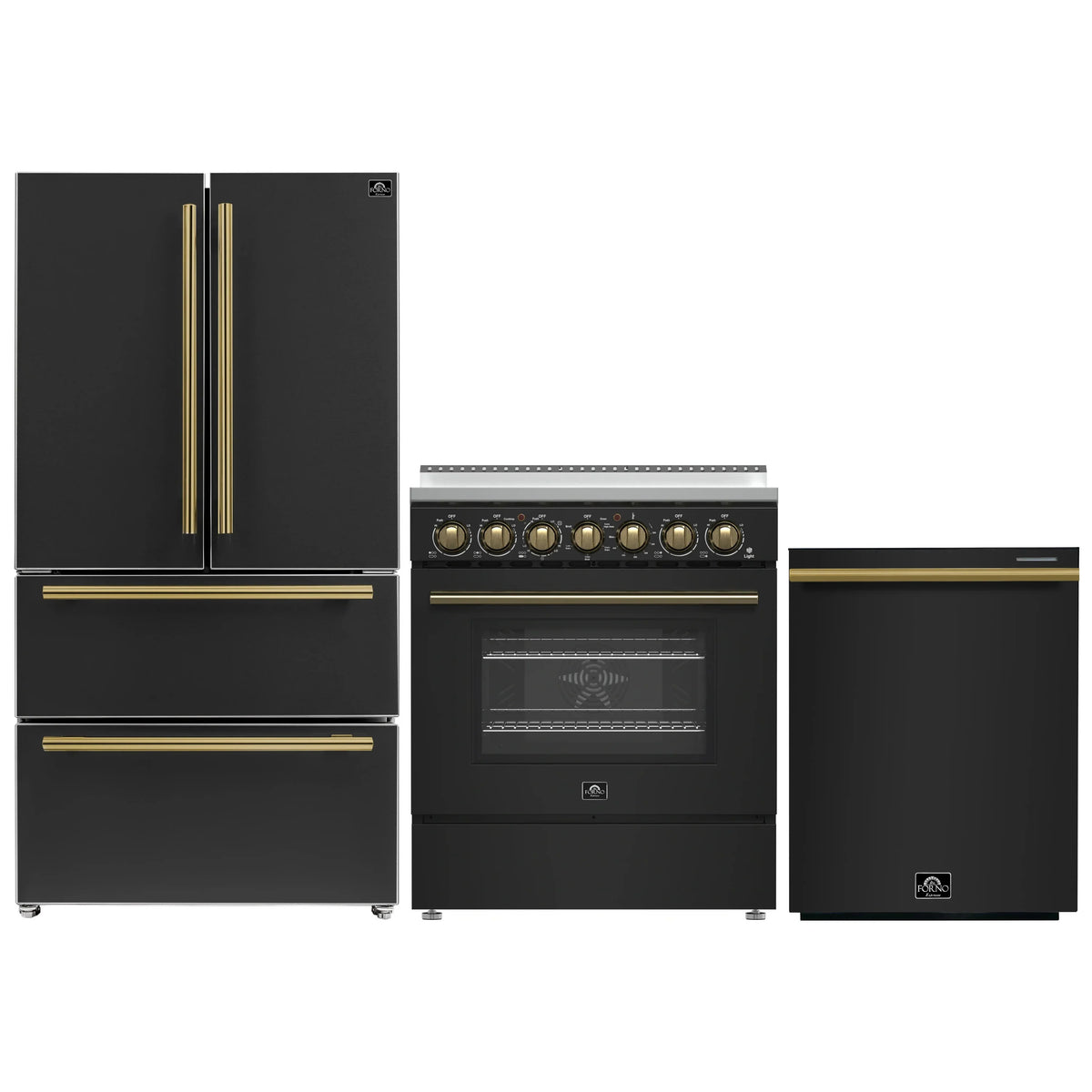 Forno 3-Piece Appliance Package - 30-Inch Electric Range, Wall Mount Range Hood, and 36-Inch Refrigerator in Black with Antique Brass Trim