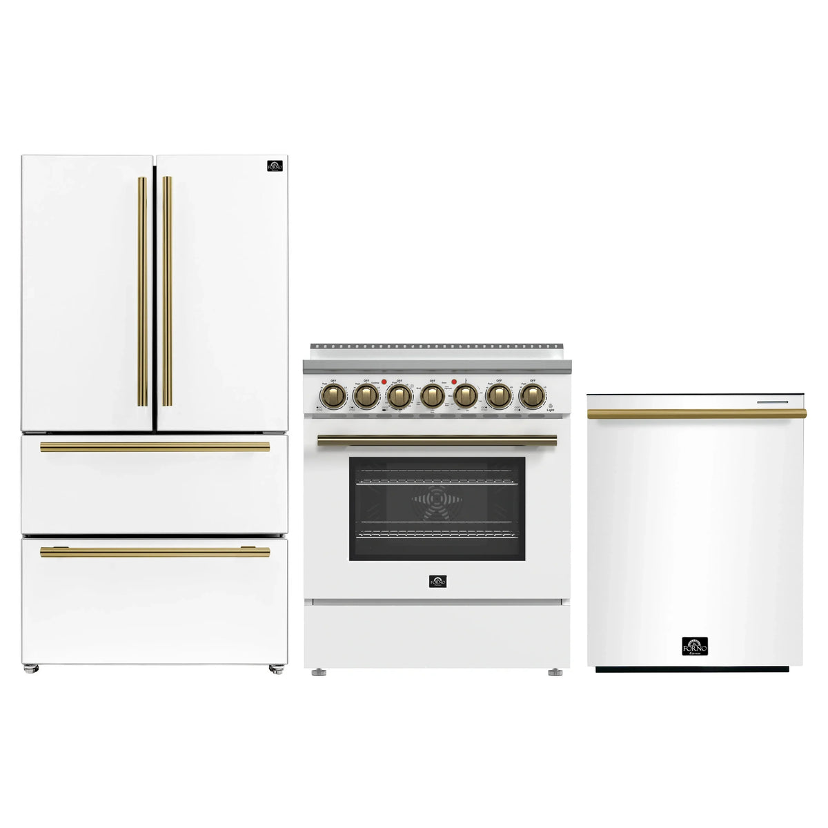 Forno 3-Piece Appliance Package - 30-Inch Electric Range, Wall Mount Range Hood, and 36-Inch Refrigerator in White with Antique Brass Trim