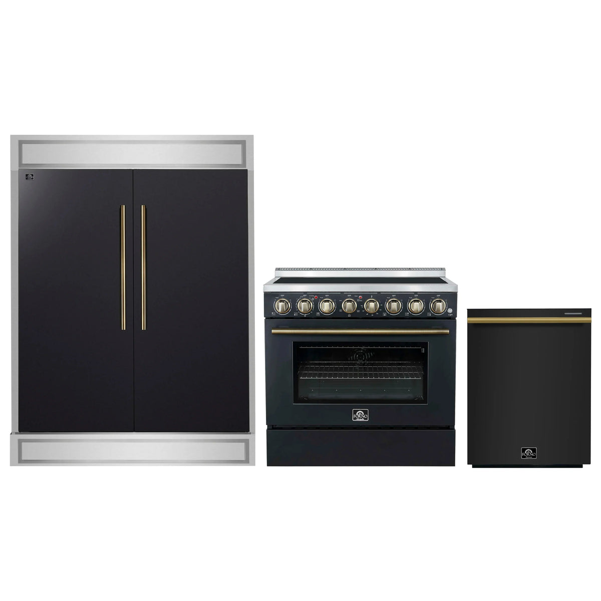 Forno 3-Piece Appliance Package - 36-Inch Electric Range, Wall Mount Range Hood, and 60-Inch Refrigerator in Black with Antique Brass Trim