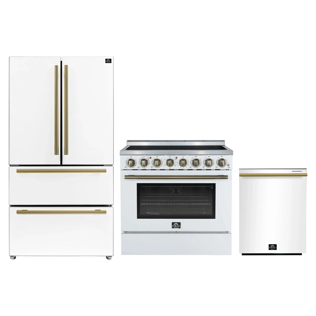 Forno 3-Piece Appliance Package - 36-Inch Electric Range, Wall Mount Range Hood, and 36-Inch Refrigerator in White with Antique Brass Trim