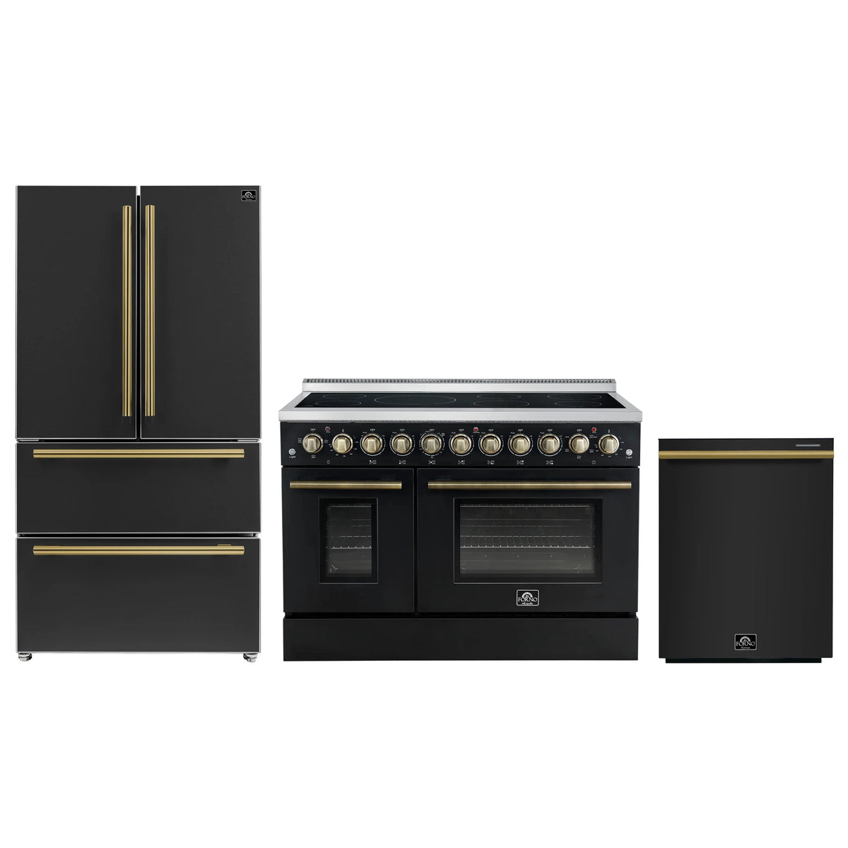Forno 3-Piece Appliance Package - 48-Inch Electric Range, Wall Mount Range Hood, and 36-Inch Refrigerator in Black with Antique Brass Trim