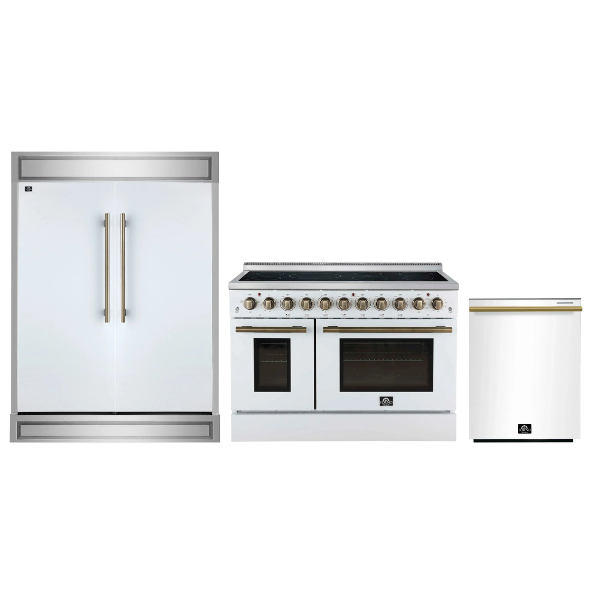 Forno 3-Piece Appliance Package - 48-Inch Electric Range, Wall Mount Range Hood, and 60-Inch Refrigerator in White with Antique Brass Trim