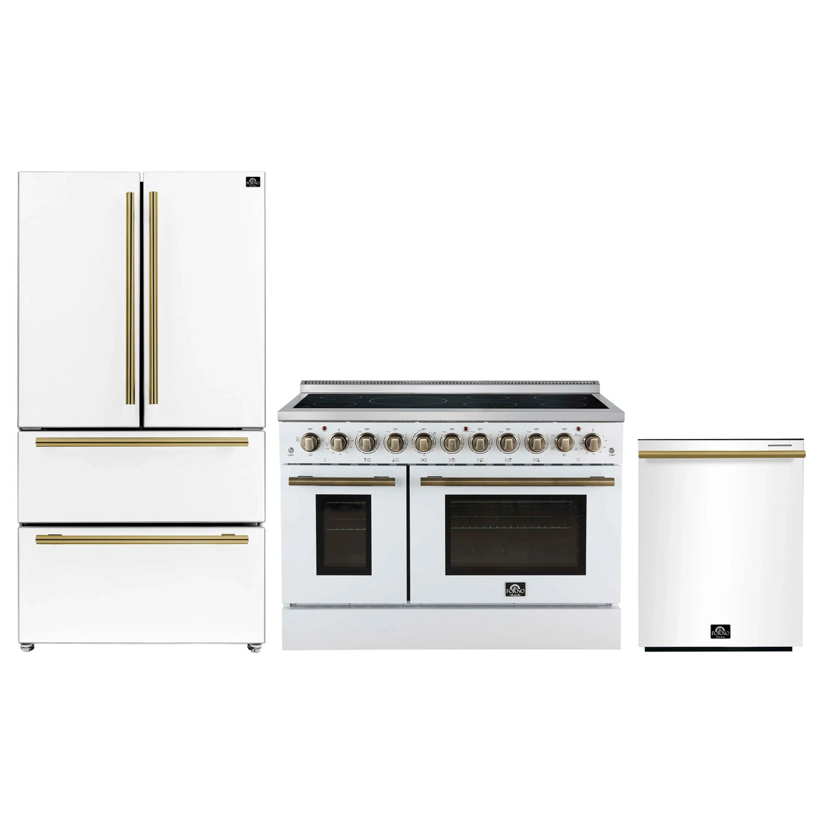 Forno 3-Piece Appliance Package - 48-Inch Electric Range, Wall Mount Range Hood, and 36-Inch Refrigerator in White with Antique Brass Trim