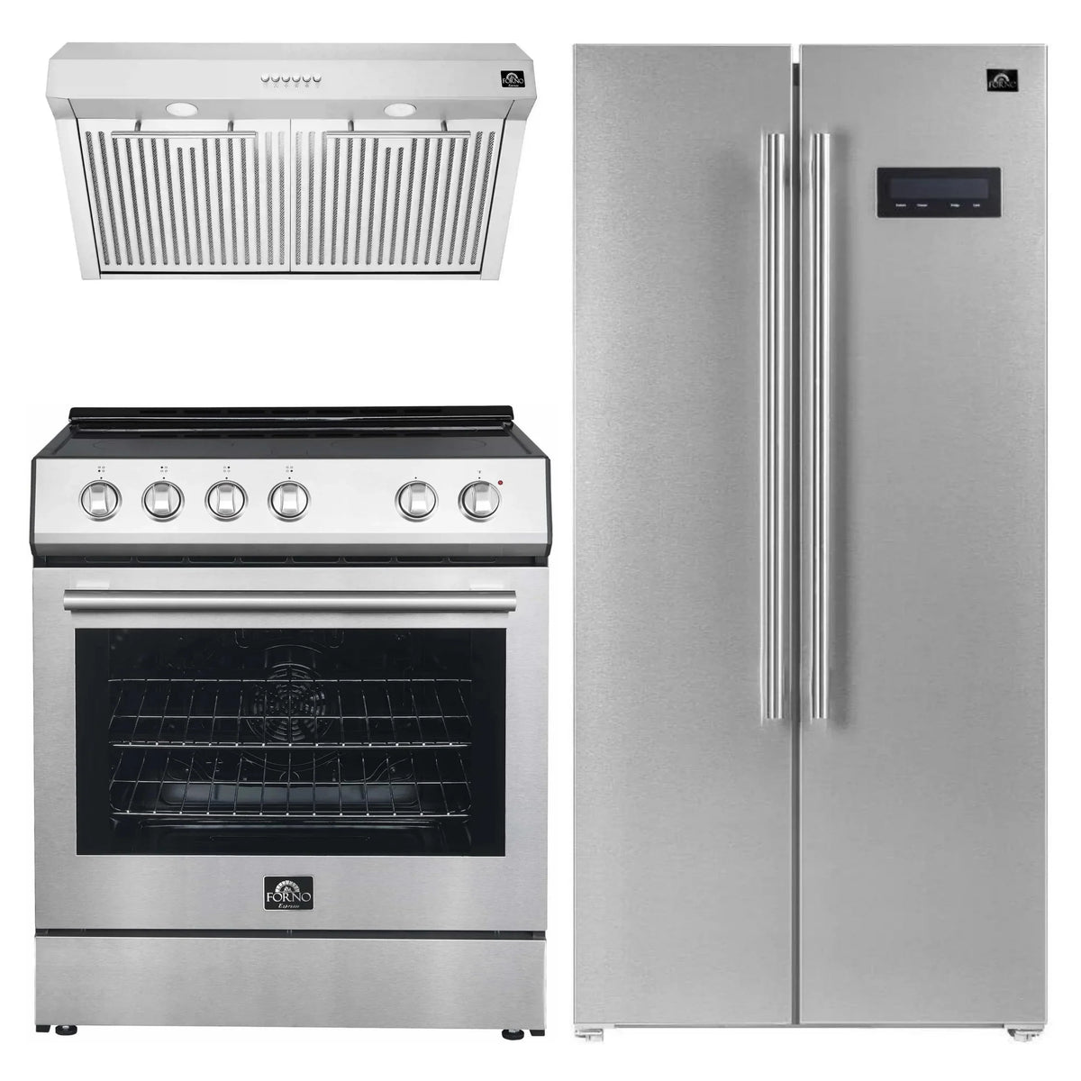 Forno Espresso 3-Piece Appliance Package - 30-Inch Electric Range with 5.0 Cu.Ft. Electric Oven, Built-In Refrigerator, and Under Cabinet Range Hood in Stainless Steel with Antique Brass Trim