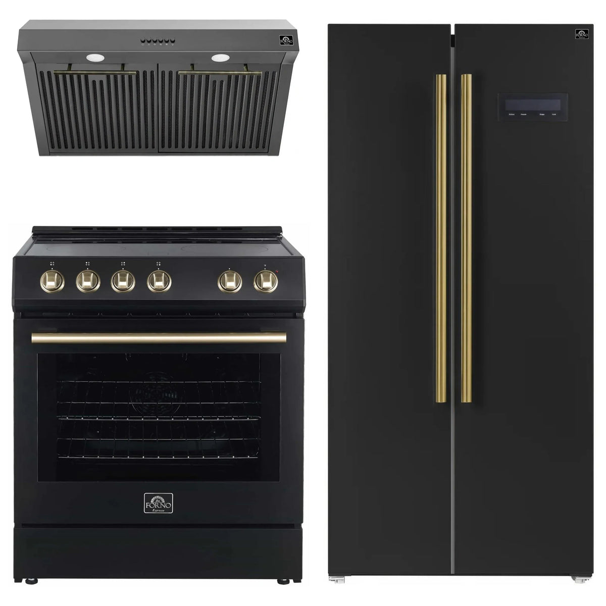Forno Espresso 3-Piece Appliance Package - 30-Inch Electric Range with 5.0 Cu.Ft. Electric Oven, Built-In Refrigerator, and Under Cabinet Range Hood in Black with Antique Brass Trim