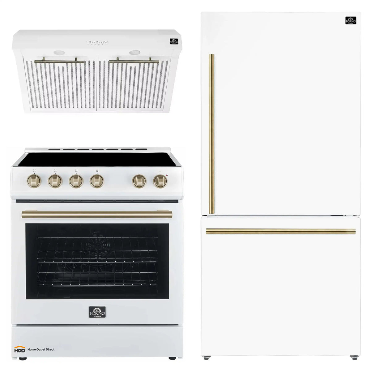 Forno Espresso 3-Piece Appliance Package - 30-Inch Electric Range with 5.0 Cu.Ft. Electric Oven, Refrigerator, and Under Cabinet Range Hood in White with Antique Brass Trim (FBDL-001-03US)