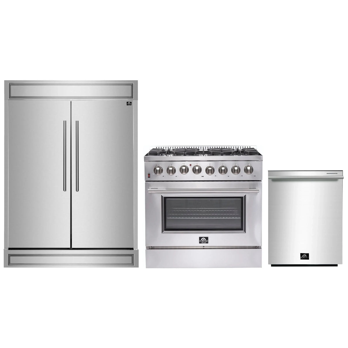 Forno 3-Piece Appliance Package - 36-Inch Dual Fuel Range, Pro-Style Refrigerator, and Dishwasher in Stainless Steel