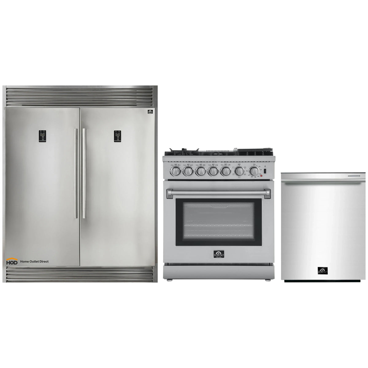 Forno 3-Piece Appliance Package: 30-Inch Air Fryer Dual Fuel Range, Pro-Style Refrigerator, Dishwasher, Stainless Steel