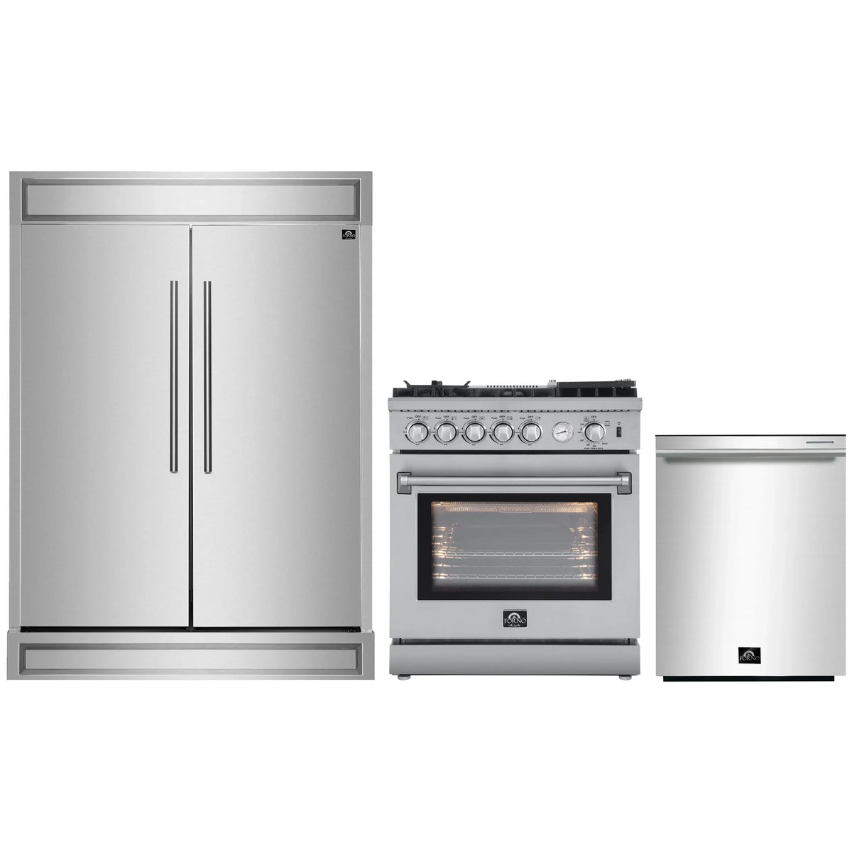 Forno 3-Piece Appliance Package - 30-Inch Gas Range with Air Fryer, Pro-Style Refrigerator, and Dishwasher in Stainless Steel