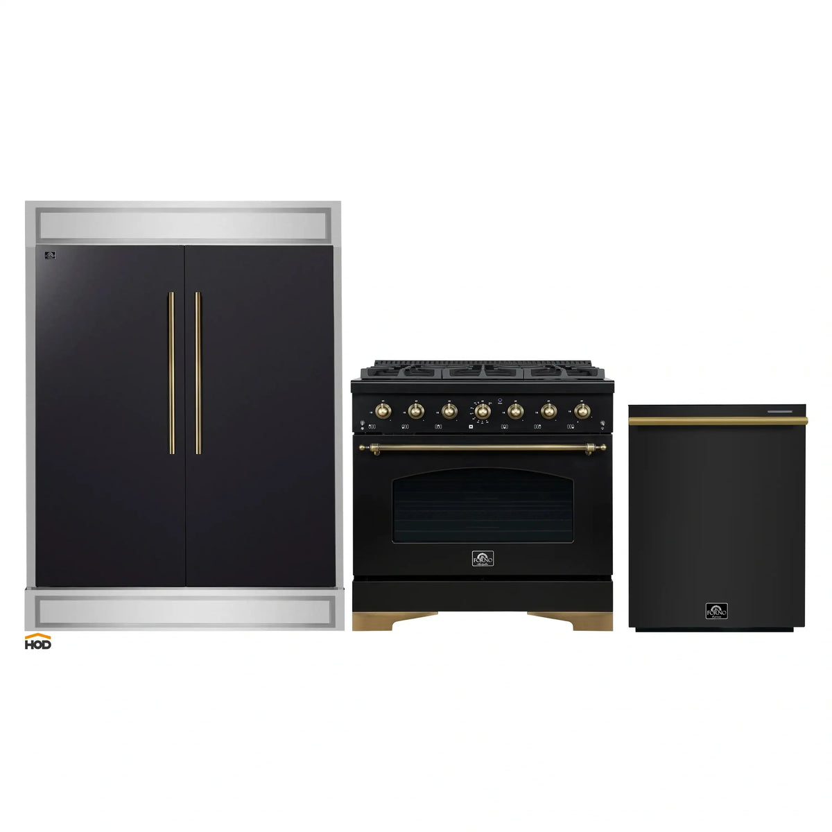 Forno 3-Piece Appliance Package - 36-Inch Dual Fuel Range, 60-Inch Convertible Refrigerator with Modern Trim, and Dishwasher in Black with Antique Brass Trim