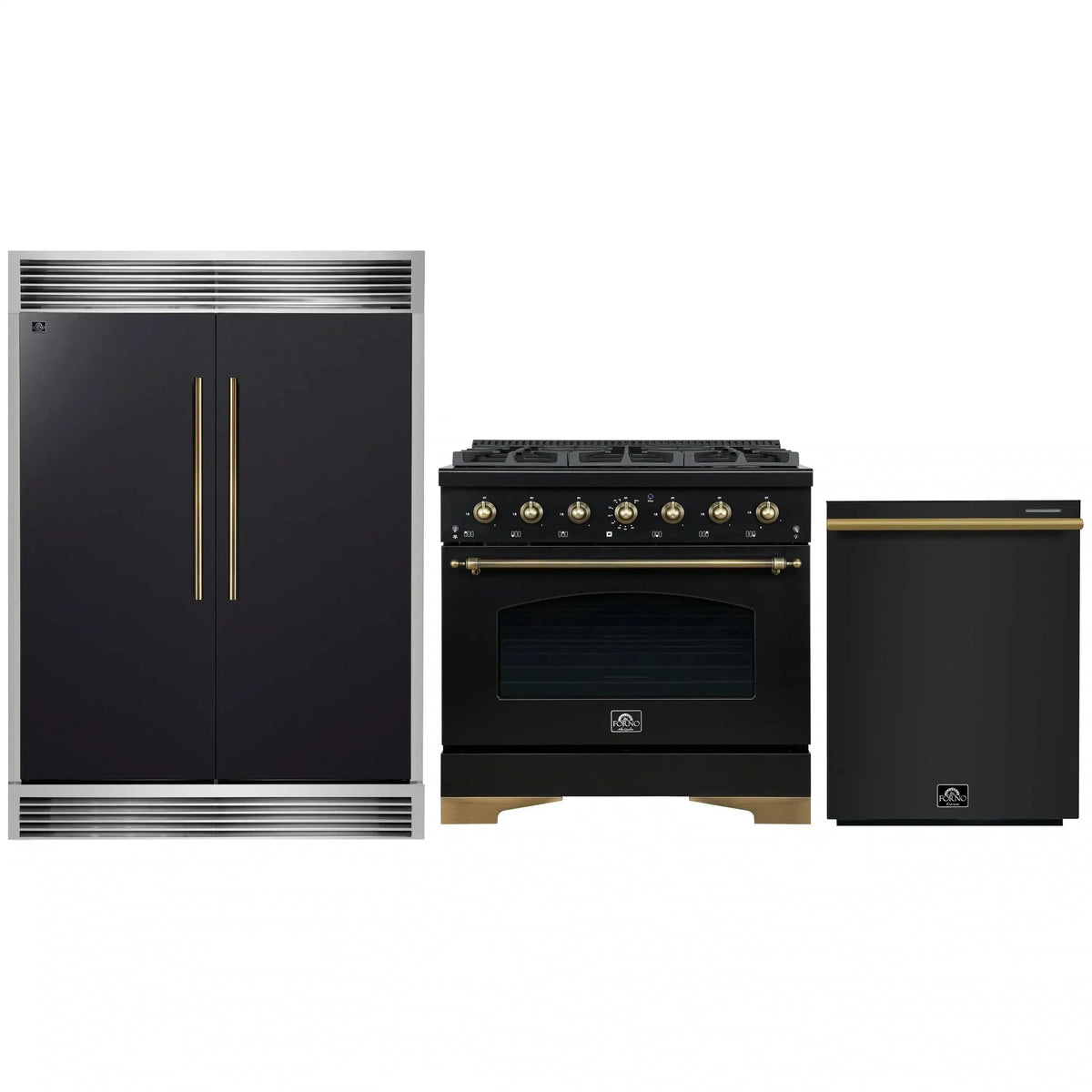 Forno 3-Piece Appliance Package: 36-Inch Dual Fuel Range, 60-Inch Modern Grille Trim Refrigerator, Dishwasher, Black with Antique Brass Trim
