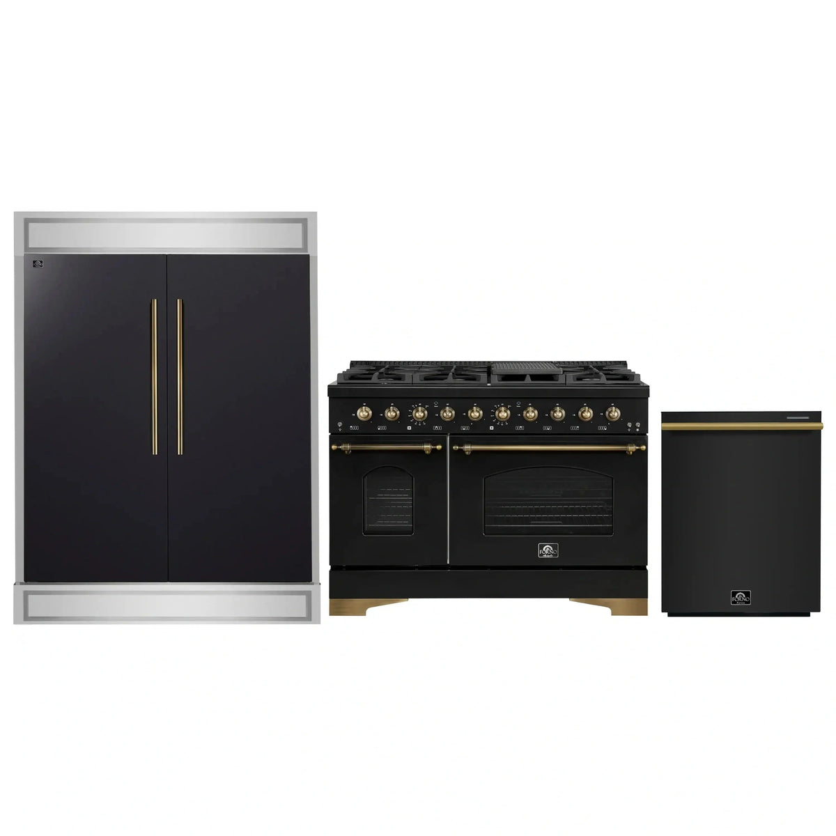 Forno 3-Piece Appliance Package: Antico 48-Inch Dual Fuel Range, 60-Inch Modern Trim Refrigerator, Dishwasher, Black with Antique Brass Trim