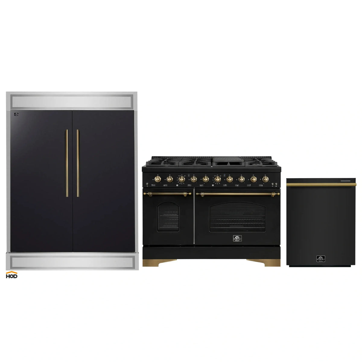 Forno 3-Piece Appliance Package - 48-Inch Dual Fuel Range, 60-Inch Convertible Refrigerator with Modern Trim, and Dishwasher in Black with Antique Brass Trim