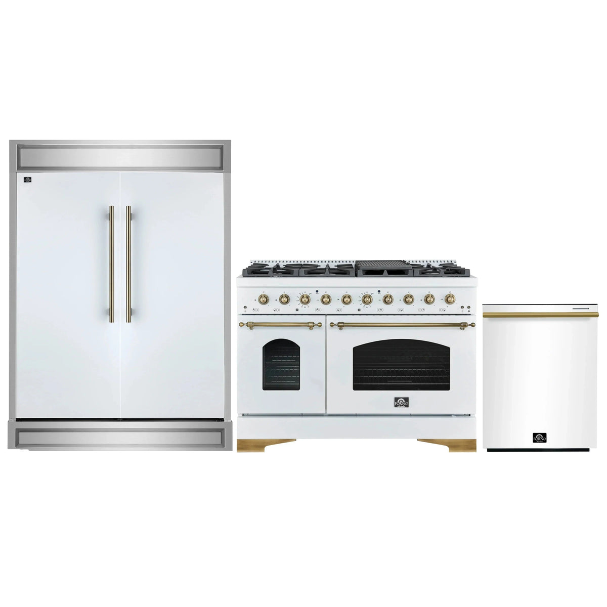 Forno 3-Piece Appliance Package: Antico 48-Inch Dual Fuel Range, 60-Inch Refrigerator, Dishwasher, White with Antique Brass Trim