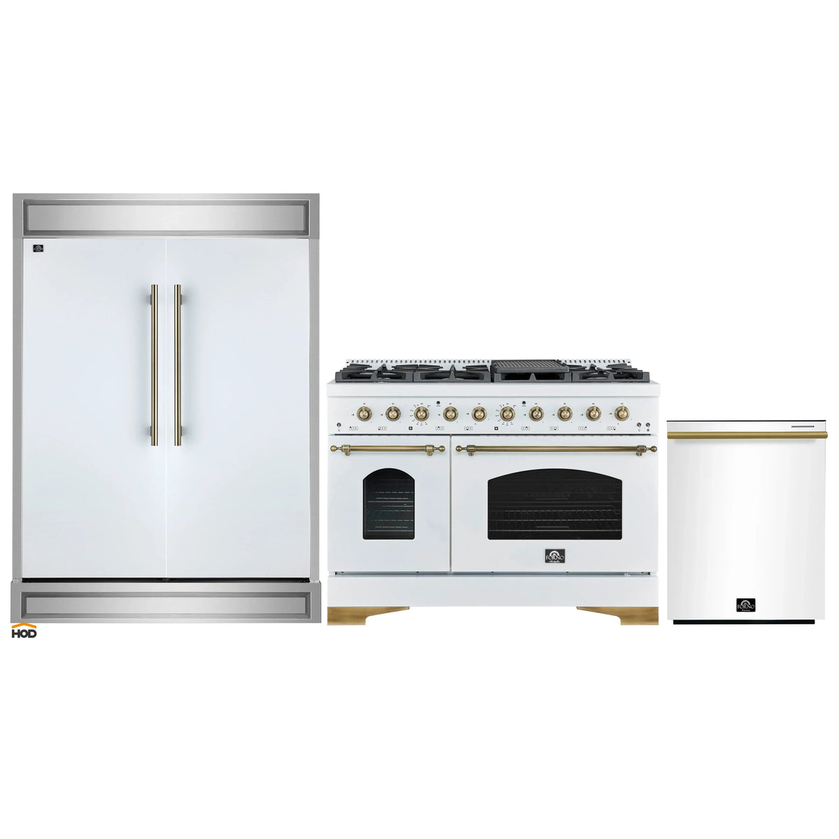 Forno 3-Piece Appliance Package - 48-Inch Dual Fuel Range, 60-Inch Refrigerator, Dishwasher in White with Antique Brass Trim