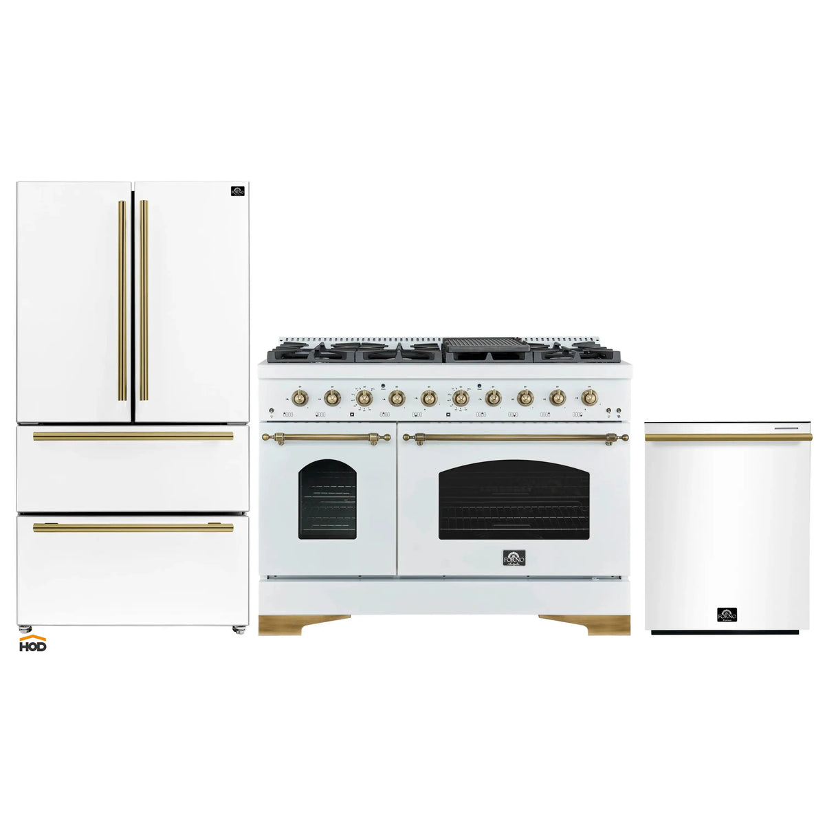 Forno Antico 3-Piece Appliance Package - 48-Inch Dual Fuel Range, 36-Inch Refrigerator, & 24-Inch Dishwasher in White with Antique Brass Trim