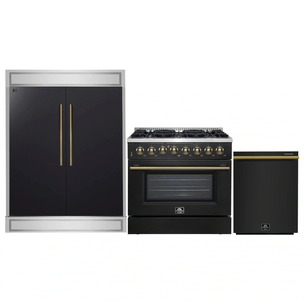 Forno 3-Piece Appliance Package: Galiano 36-Inch Dual Fuel Range, 60-Inch Modern Trim Refrigerator, Dishwasher, Black with Antique Brass Trim