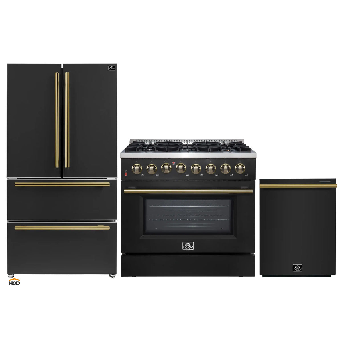 Forno Galiano 3-Piece Appliance Package - 36-Inch Dual Fuel Range, 36-Inch Refrigerator, & 24-Inch Dishwasher in Black with Antique Brass Trim