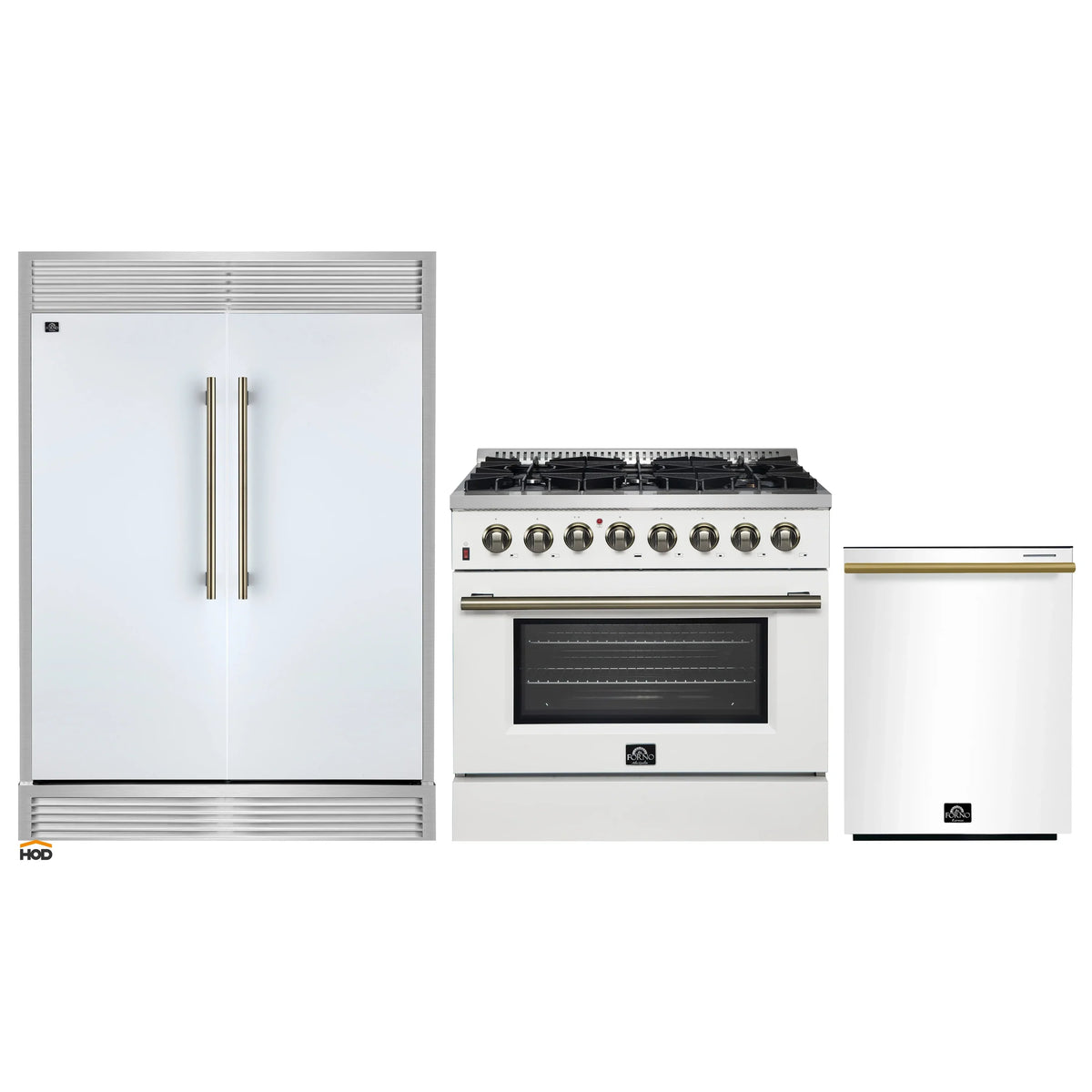Forno 3-Piece Appliance Package - 36-Inch Galiano Dual Fuel Range, 60-Inch Refrigerator, Dishwasher in White with Antique Brass Trim