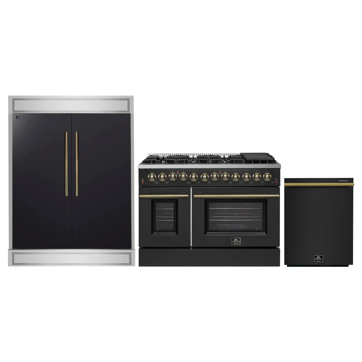 Forno 3-Piece Appliance Package: Galiano 48-Inch Dual Fuel Range, 60-Inch Modern Trim Refrigerator, Dishwasher, Black with Antique Brass Trim