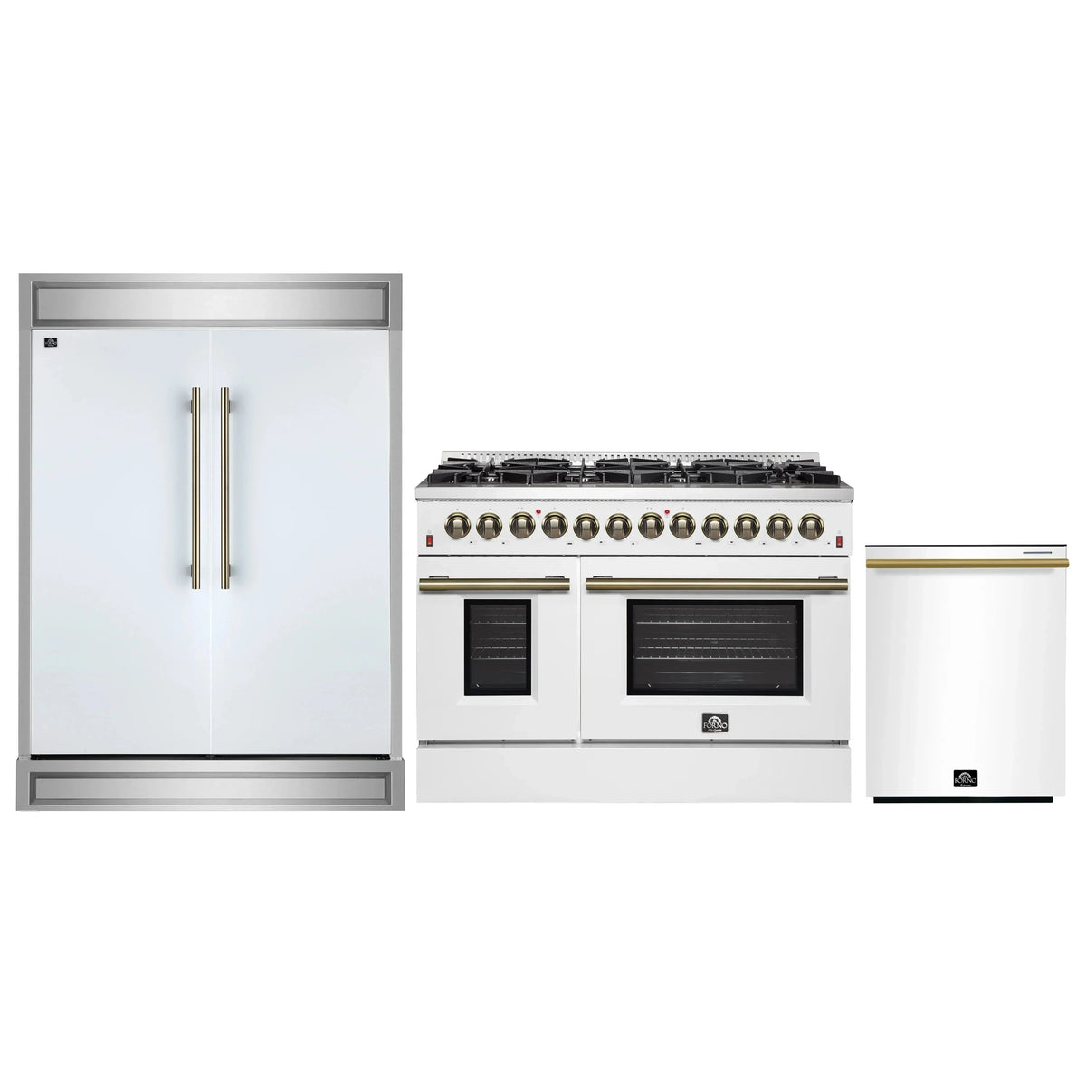 Forno 3-Piece Appliance Package: Galiano 48-Inch Dual Fuel Range, 60-Inch Refrigerator, Dishwasher, White with Antique Brass Trim
