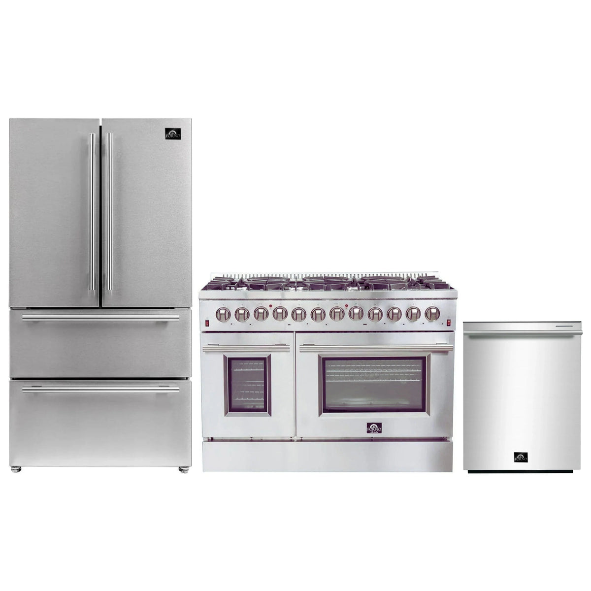Forno 3-Piece Appliance Package - 48-Inch Dual Fuel Range, French Door Refrigerator, and Dishwasher in Stainless Steel