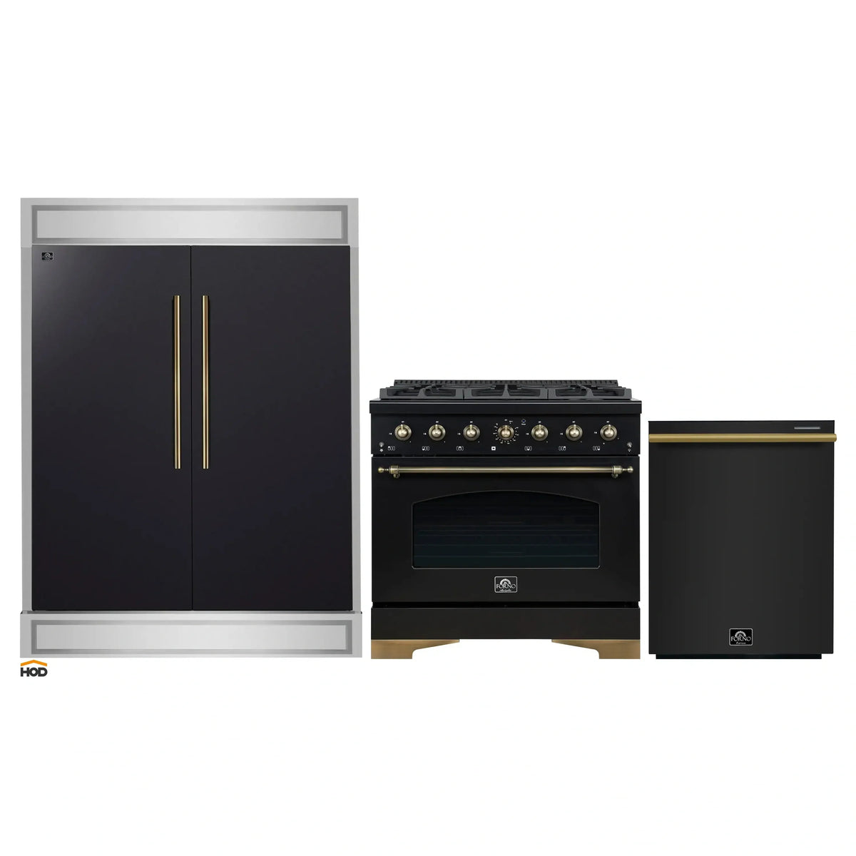 Forno 3-Piece Appliance Package - 36-Inch Gas Range, 60-Inch Convertible Refrigerator with Modern Trim, and Dishwasher in Black with Antique Brass Trim