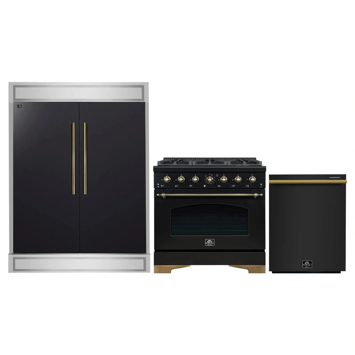 Forno 3-Piece Appliance Package: Antico 36-Inch Gas Range, 60-Inch Modern Trim Refrigerator, Dishwasher, Black with Antique Brass Trim