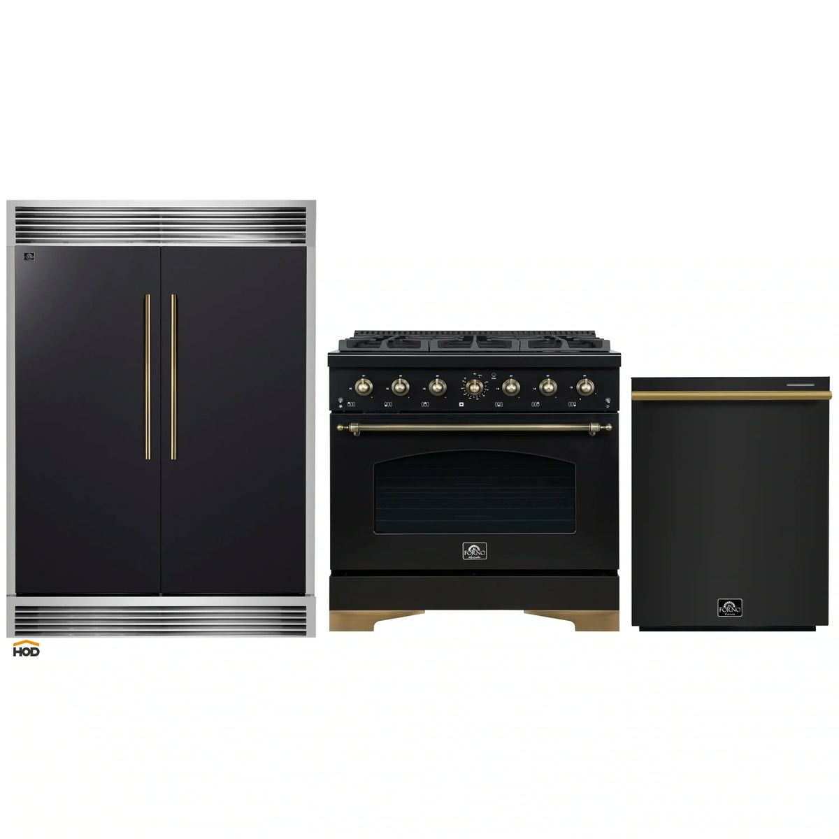 Forno 3-Piece Appliance Package - 36-Inch Gas Range, 60-Inch Convertible Refrigerator with Modern Grille Trim, and Dishwasher in Black with Antique Brass Trim