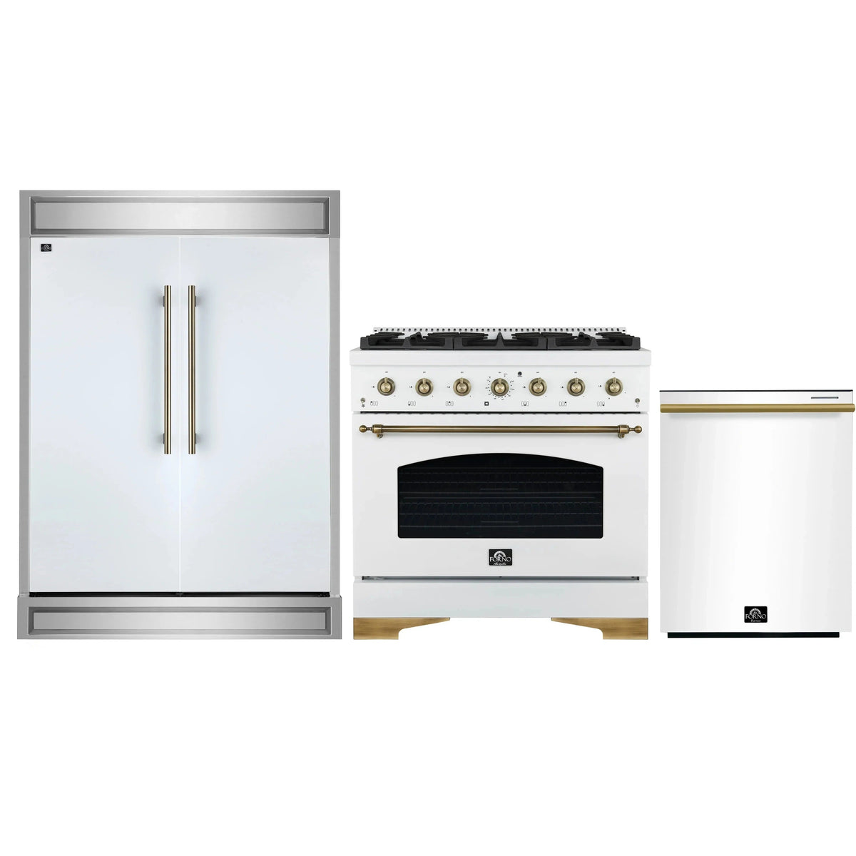 Forno 3-Piece Appliance Package: 36-Inch Antico Gas Range, 60-Inch Modern Trim Refrigerator, Dishwasher, White with Antique Brass Trim
