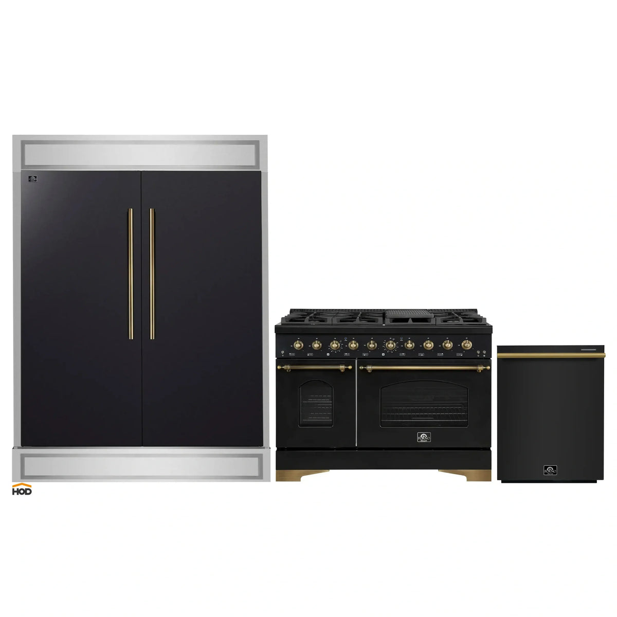 Forno 3-Piece Appliance Package - 48-Inch Gas Range, 60-Inch Convertible Refrigerator with Modern Trim, and Dishwasher in Black with Antique Brass Trim