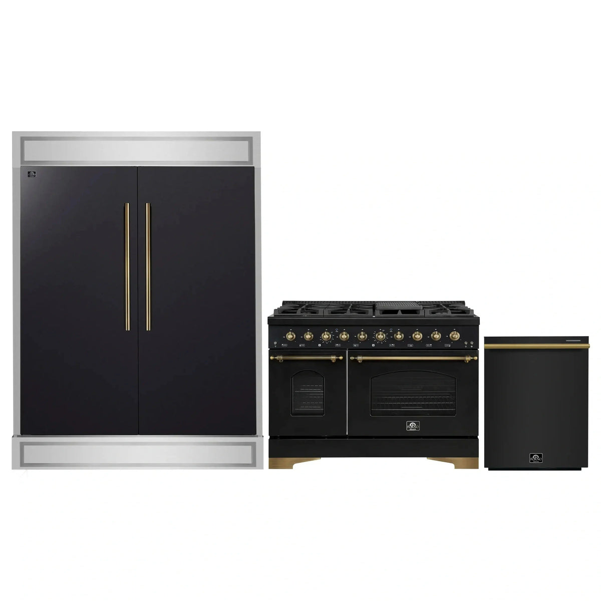 Forno 3-Piece Appliance Package: Antico 48-Inch Gas Range, 60-Inch Modern Trim Refrigerator, Dishwasher, Black with Antique Brass Trim